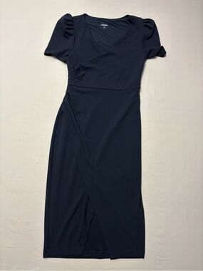 Express Black Wrap-Style Short Sleeve Midi Sheath Dress Women's Size XS